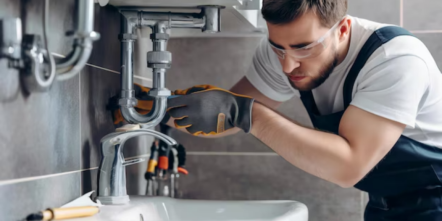 professional-plumber-clean-modern-bathroom-wearing-uniform-safety-gloves-carefully-inspecting-near-s